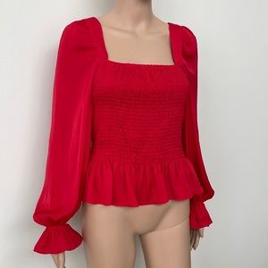 NEW VICI SATIN RUCHED RUFFLE RED BLOUSE, S